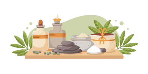 Spa composition with oils, stones and herbal elements