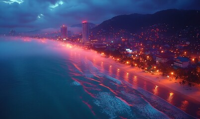 Fototapeta premium Coastal city at night, illuminated beachfront, hazy atmosphere, ocean waves
