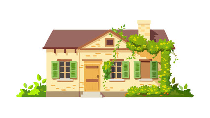 Rustic cottage with vines and greenery illustration