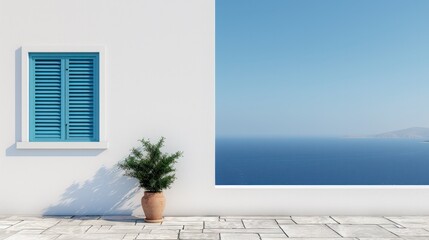 Modern minimalist exterior wall with vibrant blue window shutters and potted green plant against a clean white wall with shadows, Mediterranean style design