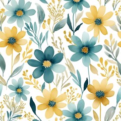 Fototapeta premium Watercolor Floral Seamless Pattern Teal and Gold Flowers