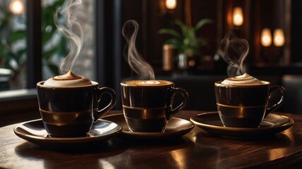 Obraz premium Elegant coffee presentation in a luxurious restaurant with a cozy ambiance, dim lighting, and sophisticated decor. Hot espresso served in fine porcelain cups. A gourmet coffee experience for exclusive