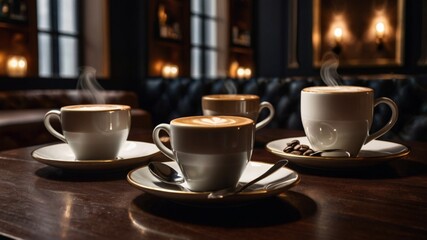 Elegant coffee presentation in a luxurious restaurant with a cozy ambiance, dim lighting, and sophisticated decor. Hot espresso served in fine porcelain cups. A gourmet coffee experience for exclusive