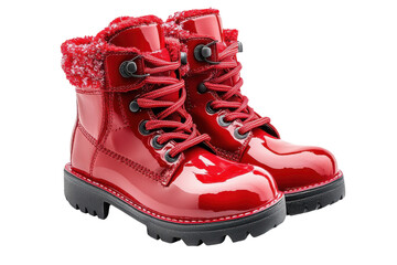 Shiny red patent leather boots with warm fuzzy lining perfect for winter against a bright white