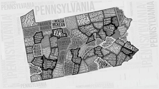 Pennsylvania Animation. Visual effect of Pennsylvania counties appearing in black and white word clouds style. State intro video. Trending Animated Motion Graphics.