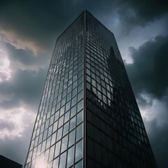 Fototapeta premium Modern Glass Skyscraper Against Dramatic Sky