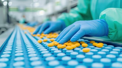 Fototapeta premium Close-up of a technician's gloved hand sorting yellow pills on a blue blister pack in a pharmaceutical laboratory for medication production and quality control