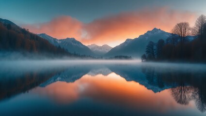 Mountains reflected in lake at sunrise
