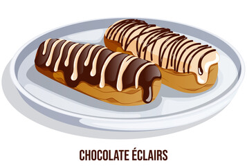 Chocolate Eclairs Served In Plate. White and Milk Chocolate Drizzle and Glazed French Pastries Vector Art Isolated