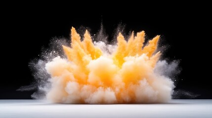 Powder Explosion with White Dust Dramatic style High resolution photography Front view Fine particles Intense burst Dark background Warm orange hues Ideal for action concept