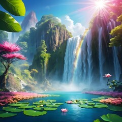 Serene Waterfall Paradise with Rainbow and Lotus Flowers