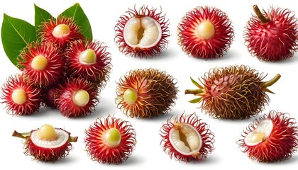 Rambutan Fruit Collection Whole, Halved, and with Leaves