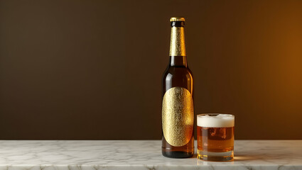 Opulent Luxury Beer Bottle Display: Gold Foil Label & Embossed Detailing on Marble Surface - Premium Beverage Exclusivity in Photo Stock Concept with Empty Space