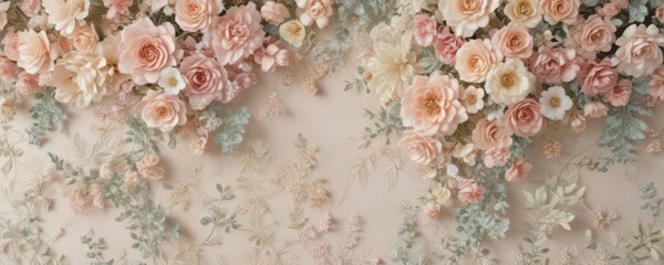 Pastel lace-trimmed artificial flower wall; vintage floral design in soft hues , artificial flowers, pretty