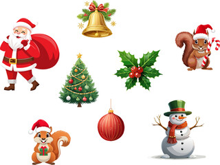 Christmas festive icons, Including Santa, bell, Christmas tree and squirrel with candy cane