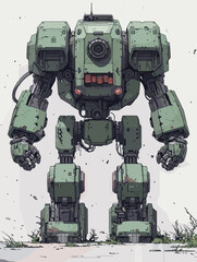 Vector illustration of an old green robot isolated on a white background.