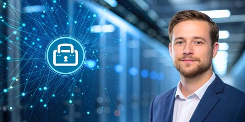 Fototapeta premium Professional Male with Data Security Concept in Modern Server Room Setting