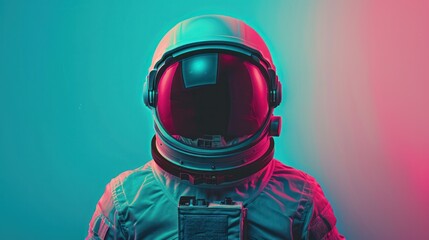 Futuristic astronaut in a high-tech spacesuit with reflective visor standing against vibrant pink and teal colorful gradient background for space exploration