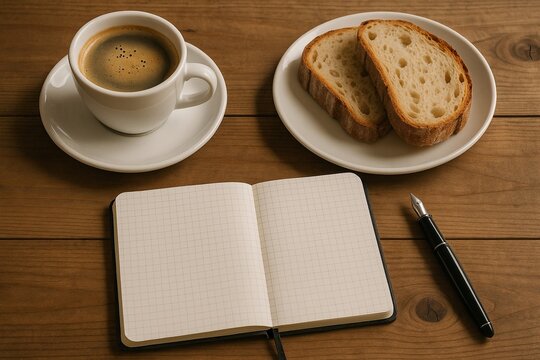 Coffee and Bread with Open Grid Notebook