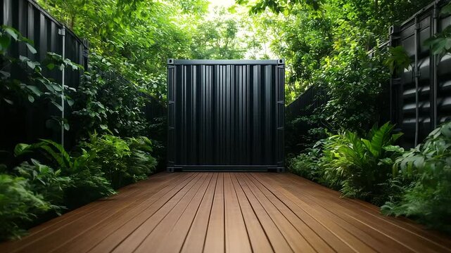 Open steel cargo container surrounded by greenery, wooden floor neatly lined inside. Flexible rental option for warehouse extension or garden shed.