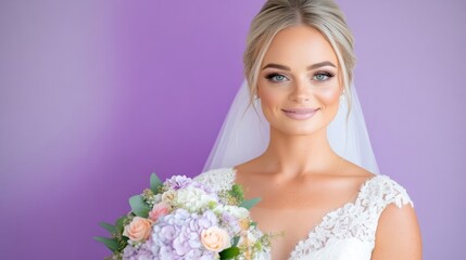 Naklejka premium Bride with Bouquet and Veil, Elegant Bridal Style, High-Definition Soft Lighting, Portrait Close-Up, Lace Detailing, Posing Calmly, Lavender Background, Soft Pink Hues, Perfect for Wedding Ads