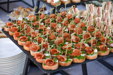 Buffet food for party decorated with fresh plants. Sandwiches with cheese and ham on table.  Catering buffet food indoor in luxury restaurant with meat and vegetables. Buffet table with delicacies
