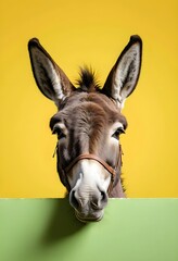 Fototapeta premium Donkey peeking over green sign on yellow background