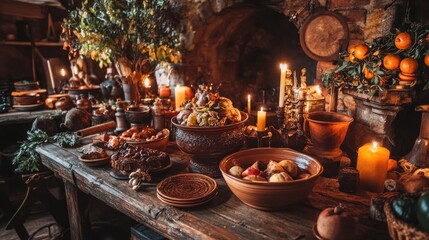 Naklejka premium Medieval Feast Rustic Table with Candlelight, and Herbs.