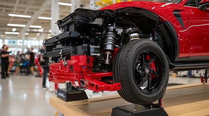 Red car chassis on lift in auto manufacturing plant.