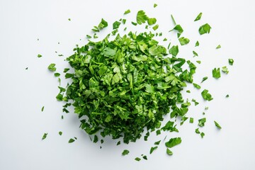 Obraz premium Freshly chopped parsley vibrant green herb pile bright white background culinary ingredient healthy