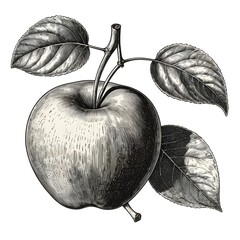 Monochrome Engraving Style Apple with Leaves