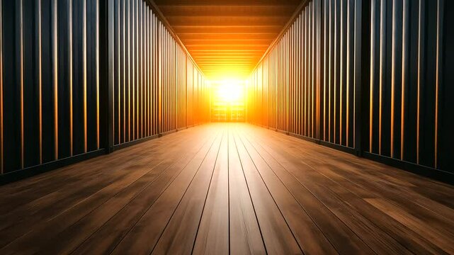 Wide-angle view of empty cargo container with polished wood interior floor and industrial surroundings. Logistics, freight, or contractor site solution.