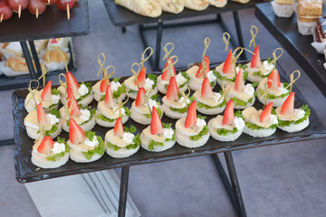 Buffet food for party decorated with fresh plants. Sandwiches with cheese and ham on table.  Catering buffet food indoor in luxury restaurant with meat and vegetables. Buffet table with delicacies
