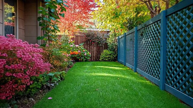 Autumnal Backyard Garden Paradise: Vibrant Blooms and Teal Fence