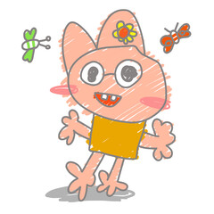 Cute Pink Rabbit baby cartoon Character playing with butterfly. Children's drawing work