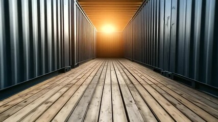 Empty steel container staged on dirt ground, with wooden interior ready for cargo or gear. Suits delivery hubs, mobile office or rental logistics.