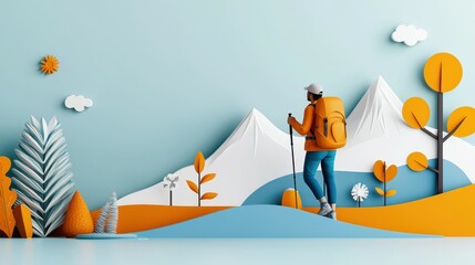 Fototapeta premium A traveler admires a colorful paper-cut landscape during a hiking adventure.