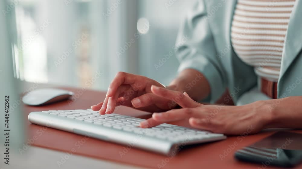 Aufkleber typing, hands and employee with keyboard, office and insurance agent with tech for policy and online