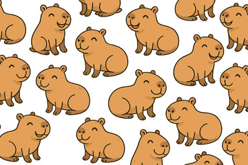 Cute vector icons of happy capybaras in a playful repeating pattern, ideal for creative projects and designs featuring these charming animals