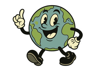 Vector icon of a cheerful cartoon Earth character walking with a smile and raised finger, representing positivity and environmental awareness