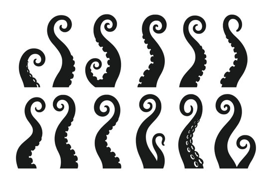 Various vector icons of octopus tentacles in stylized black designs for creative projects and illustrations