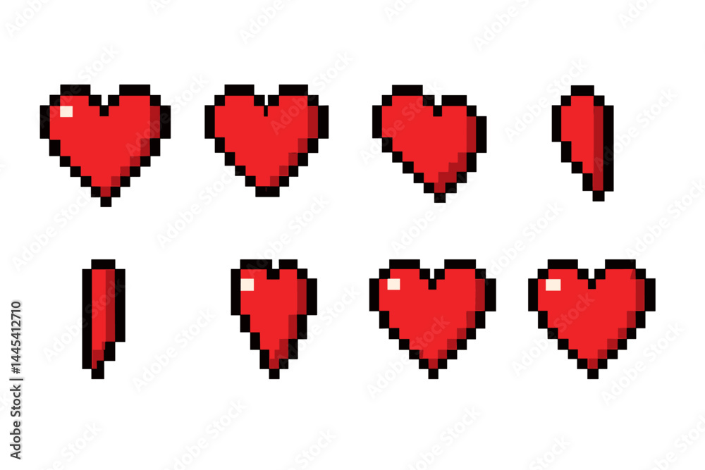 Poster pixel art hearts representing different styles and sizes in a colorful vector design format