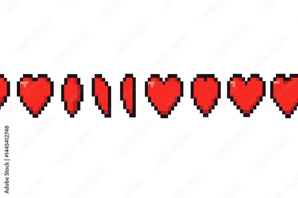 Poster red pixelated heart vector icon design displaying different heart states in a seamless pattern