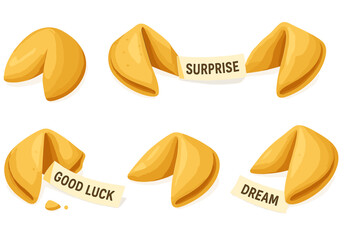 Vector icon of fortune cookies with messages conveying good luck, surprise, and dreams in a playful arrangement