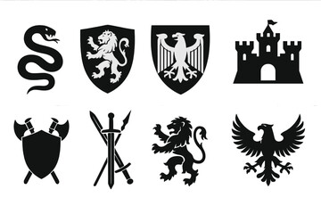 Fototapeta premium Vector icons representing medieval symbols of power and strength featuring various shields and animals