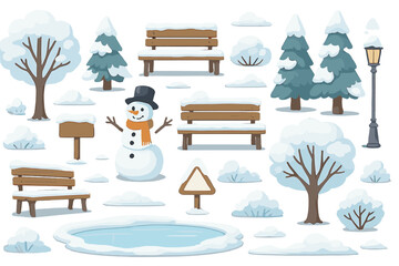 Winter park scene with snowman, trees, benches, and lamp post in a snowy landscape representation