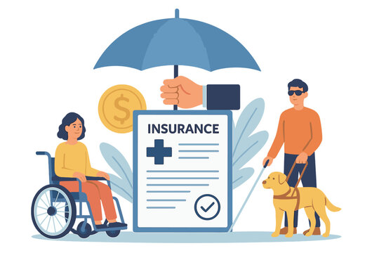 Insurance coverage for people with disabilities and service animals in modern illustration