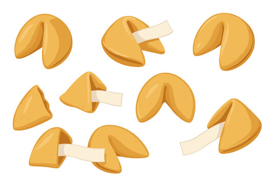 Vector icon collection of fortune cookies with messages displayed in various states of being opened and closed