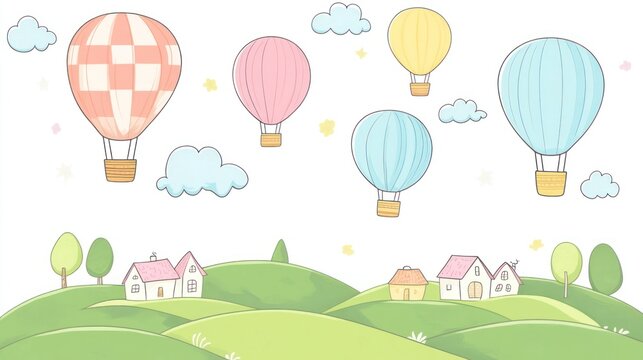 Fototapeta Cute cartoon hot air balloons over a landscape of small houses and hills.  Perfect for children's books, greeting cards, or a wallpaper
