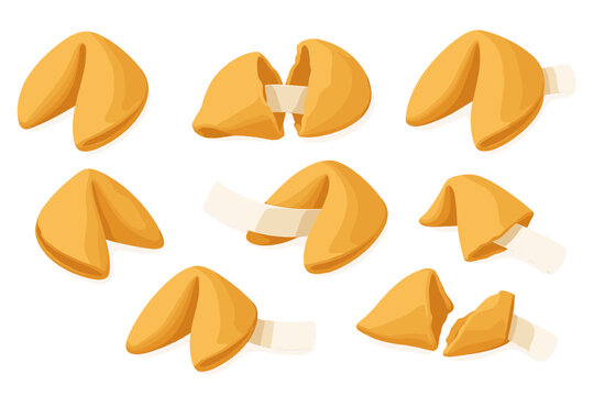 Unique vector icons of fortune cookies in various stages of opening with fortune slips